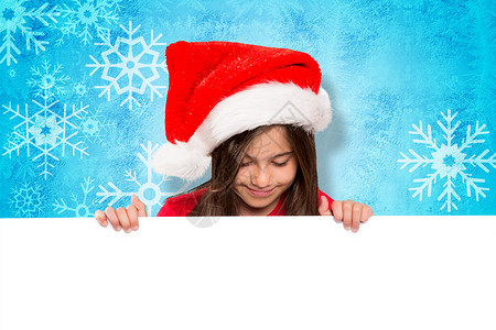 喜庆小女孩展示卡片的复合图像 圣诞帽 庆祝 休闲服装背景图片