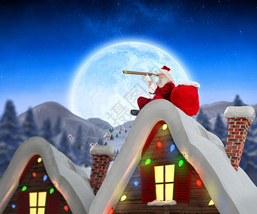 坐着月亮的嫦娥圣诞老人坐在小屋屋顶上的复合图像 圣诞节 坐着背景