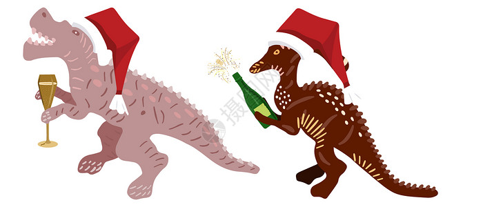 恐龙元素可爱的圣诞恐龙与香槟和红色圣诞老人帽子隔离在白色背景背景