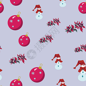 手绘圣诞节装饰圣诞泡泡雪人和一品红无缝模式背景