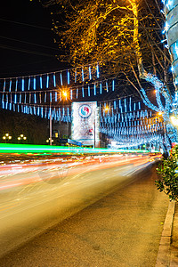 第比利斯新年的照明 装饰风格 大街 历史的 树 街道背景图片