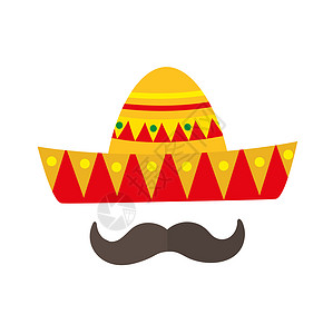 平面胡子宽边帽图标 平面样式墨西哥传统服饰 孤立在白色背景上 插图 剪贴画背景