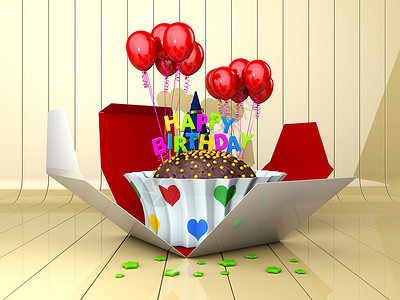 彩旗气球边框3d 带有红气球的生日蛋糕插图背景