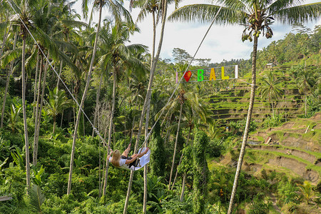 绳索摆动一个年轻的女孩在高高的峡谷上荡秋千 巴厘岛热带丛林雨林的悬崖上荡秋千的年轻女游客 秋千悬挂在两棵椰子树之间 放松 美丽背景