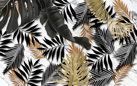 深色背景中的黑色和金色热带叶子 异国情调 画 艺术背景图片