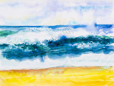 手绘波浪素材水彩海景画五颜六色的海景 沙滩波背景