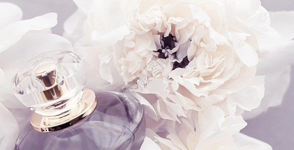 紫花香水瓶作为奢华香水产品 其背景是小马花 豆香广告和美容品牌 展示 淡水背景图片