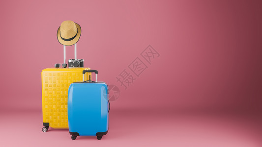 手提箱剪贴画黄色和蓝色手提箱 带太阳帽和眼镜相机 背景柔和 旅行概念 3d 插图 海滩 贴纸背景