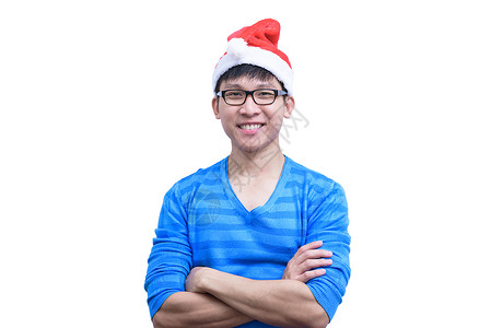 圣诞老人手臂戴眼镜和蓝色衬衫的亚洲圣诞老人男子非常有气味 雪 可爱的背景