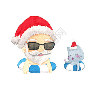 七月猫圣诞老人和猫在空气充气环上 白色背景的可爱卡通人物设计 6 月的圣诞节海报 营销 广告 夏季销售 贺卡 剪切路径背景