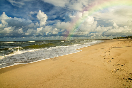 波兰波罗的海海滩 波兰 带彩虹 欧洲 海洋 旅行背景图片