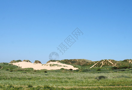 sefton海面前的沙丘覆盖着沙丘地貌 在梅西岛Sefton海岸的夏日阳光下有明蓝海 绿色的 热的背景