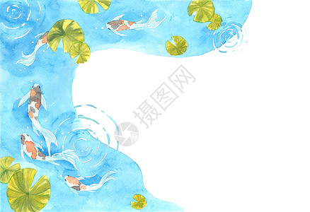 鲤鱼海报池塘中美丽而色彩鲜艳的锦鲤鱼的框架 用于墙纸 封面 模板 明信片 海报装饰的水彩手绘 好运和繁荣的象征 水池 荷叶背景