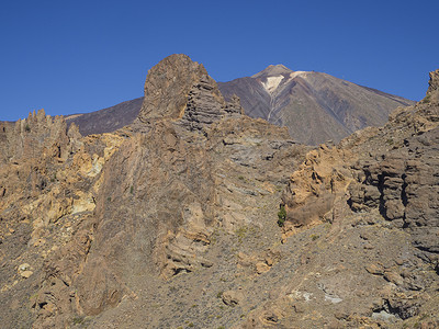 轰六三角编队从著名的Pitoresque岩层以清蓝的天空呈现出多彩火山皮科德三角山脉最高西班牙山背景