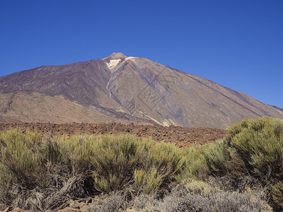 轰六三角编队特纳里夫金丝雀岛最高峰的西班牙山上 有绿色灌木和清蓝天空背景的多彩火山皮科德三角背景