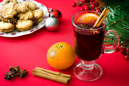 圣诞节红底红酒味葡萄酒 酒精 热的 传统的 假期 饮料背景