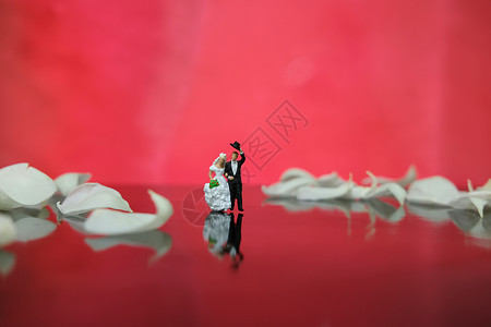 微型摄影 — 花园花卉户外婚礼概念 新娘和新郎走在亮闪闪的地板上 铺着白玫瑰花瓣 浪漫 数字背景图片