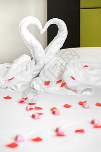 床上天鹅两条白毛巾天鹅在床上 夫妻 恋人 马夫 寝具 房间背景