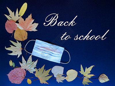 医用面罩和秋天叶上黑色背景文字 回到学校 舒适 空白的背景图片