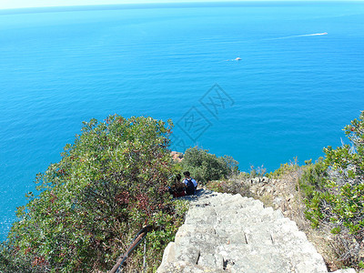 俯视海面的深楼梯 海岸 美丽 拉斯佩齐亚 户外 树 旅游背景图片