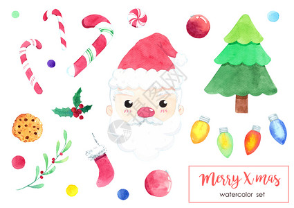 圣诞节手绘水彩可爱的水彩圣诞物品套装 圣诞老人 杉树 球 甜食 袜子 冬青浆果 仙女灯图标 孤立在白色背景上的圣诞装饰元素 手绘插图 剪切路径背景
