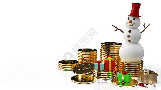 人堆圣诞节或新年3月3日的雪人和金币 可爱的 硬币背景