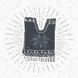 太阳光纹光效古董标签 手画墨西哥传统服装草图 粗体纹质回贴徽章 徽标设计 印记T恤衫印刷 矢量说明 外套 绘画背景
