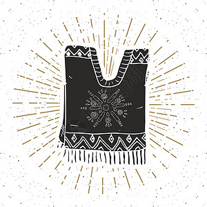 太阳光纹光效古董标签 手画墨西哥传统服装草图 粗体纹质回贴徽章 徽标设计 印记T恤衫印刷 矢量说明 外套 手绘背景