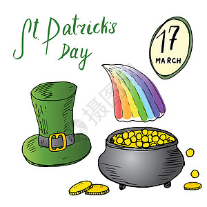彩虹矢量图圣帕特里克节手绘涂鸦套装 带有爱尔兰传统的绿色妖精帽子和彩虹尽头的一罐金币 矢量图以白色隔离 快乐的 假期背景