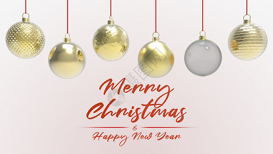 黄色金色圣诞球红字圣诞快乐和新年快乐 五颜六色的圣诞节圣诞树 玻璃 金属和塑料球 一组挂着节日装饰模板的小玩意 3d 渲染 礼物背景图片