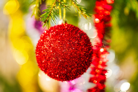 红色圣诞舞会和彩色闪亮的树枝挂在树枝上 新年快乐的近视Xmas节庆成份背景图片