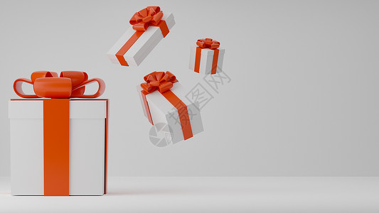 3D礼品盒3D 圣诞和新年问候 用白礼品盒横幅标语 冬天 圣诞树背景