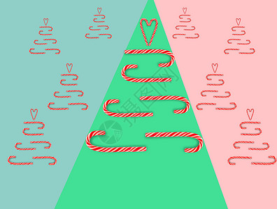 在彩色背景上以圣诞树的形式与棒棒糖组成的扁平组合物 圣诞颜色的糖果手杖条纹图案 红色和白色条纹棒棒糖 圣诞节背景背景图片
