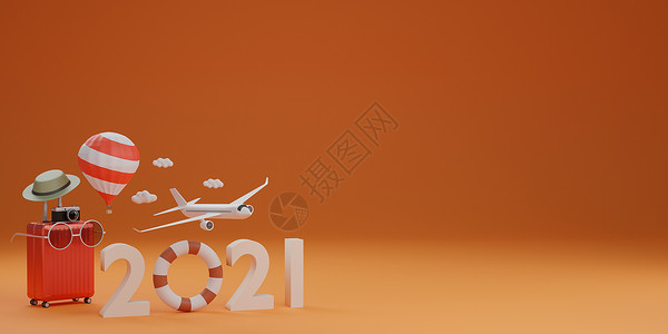 新年广告图素材新年快乐2021 带飞机和行李的游泳橡皮圈背景
