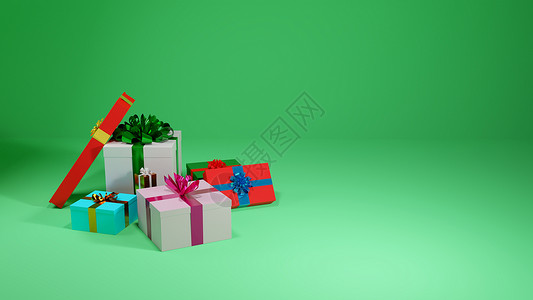 蓝绿色的礼物盒圣诞生日礼物的概念 在绿色背景的几个礼物盒 数字 3D 渲染背景
