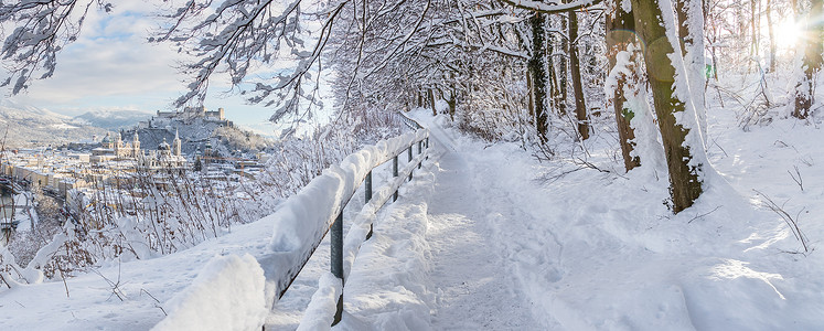 在萨尔茨堡漫步 冬季风雪景 寒冷 城市景观 堡垒 天气背景图片