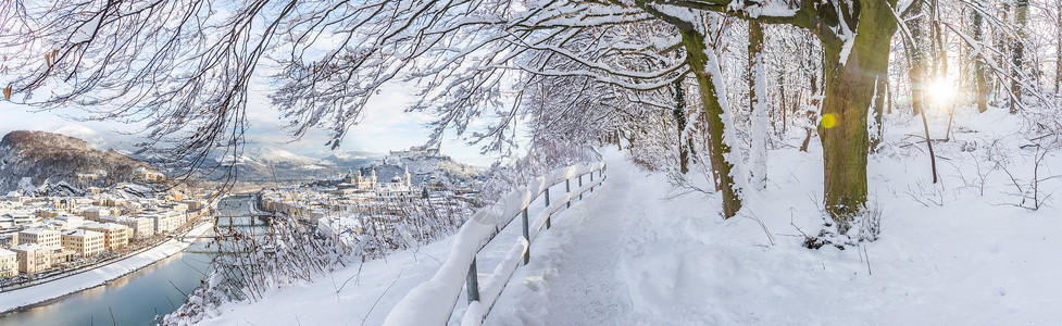 在萨尔茨堡漫步 冬季风雪景 霜 人行道 阳光 寒冷的背景图片