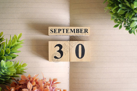 9月30号 假期 笔记本 学习 木头 花 标题 商业背景图片