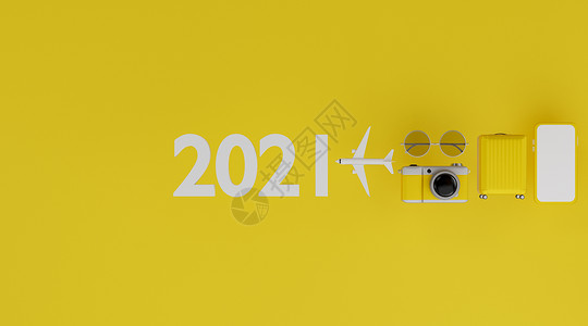 新年电影2021 年新年快乐白色屏幕移动模型与飞机相机行李和太阳镜在黄色背景旅行概念 3d 渲染背景