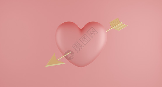 心形箭头情人节心形气球与粉红色背景上的金色箭头 3D渲染 周年纪念日 甜的背景