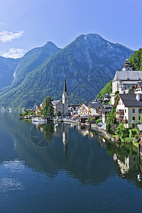 眉州阿尔卑斯州的Hallstat 奥地利湖边的旧城风景 历史性 上奥地利州背景