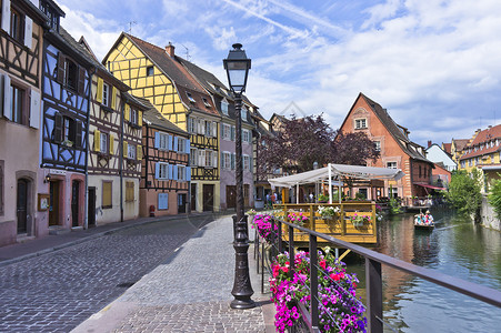 法式小镇法国古城运河风景Colmar 旅行 老的 建筑物背景