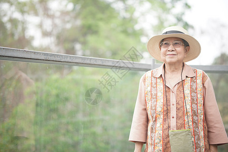 在公园步行桥上旅行的老年老年妇女 老年人生活习惯 包括工作年长 建筑学 闲暇背景图片