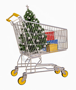 孤立的购物墨盒和礼品 新年 盒子 购物车 超市手推车背景图片