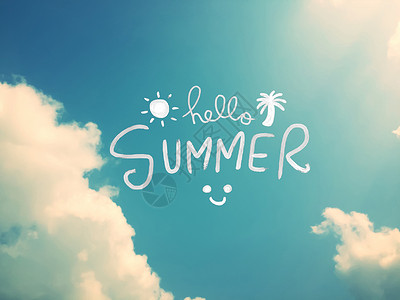 你好 夏日的字词 美丽的蓝天空和阳光背景背景图片