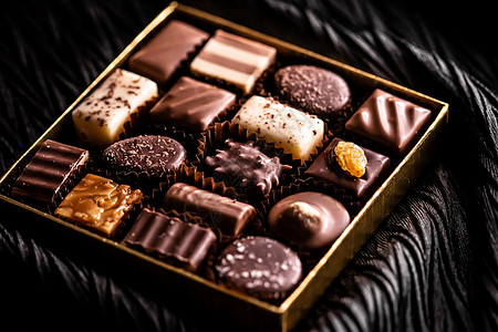 巧克力盒子礼盒中的瑞士巧克力 瑞士巧克力店用黑巧克力和牛奶有机巧克力制成的各种豪华果仁糖 作为节日礼物的甜点食品和高级糖果品牌 可可 平躺背景