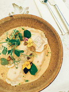传统烹饪 烹饪和美食旅行 蘑菇酱配料中自制的子 旧城豪华餐厅中的抛油皮洛吉 大豆 食物背景图片