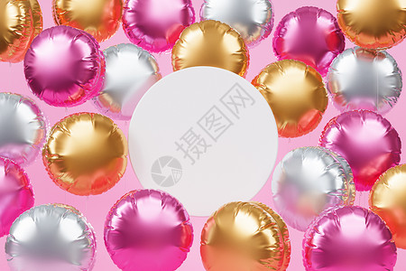 逼真气球素材闪亮的彩色气球 带有复制空间粉红色背景 用于派对生日庆祝或假日 3d 逼真 rende 圆形的 工作室背景
