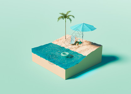 热带剪贴画立方体与绿松石背景上的等距海滩背景