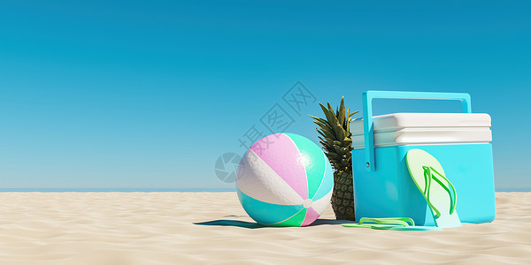 海滩沙沙滩上带有球和菠萝的海边冰箱高清图片